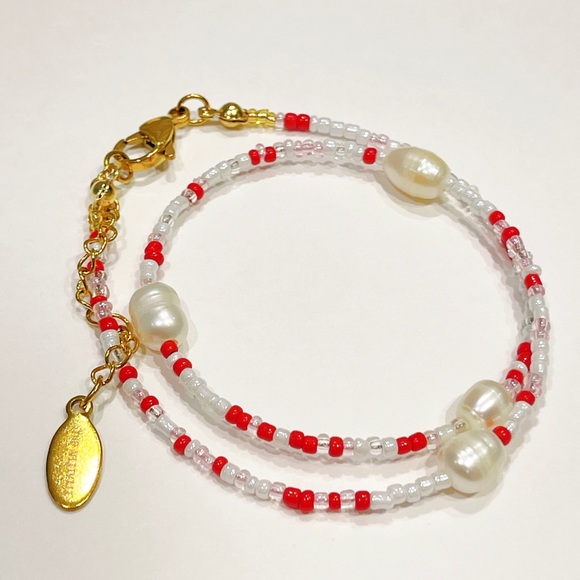 Fresh water Pearl and red with glass seed bead necklace - Picture 3 of 4